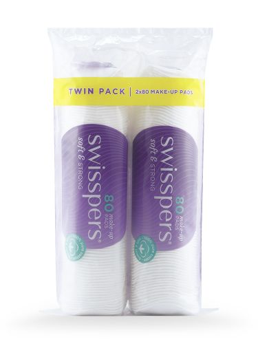 100% pure cotton Swisspers Make-Up Pads, soft and absorbent, designed for effortless makeup removal and gentle cleansing.