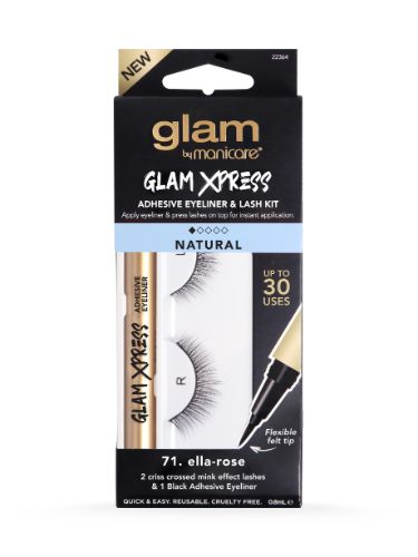 Glam Ella-Rose Xpress Adhesive Eyeliner & Lash Kit for quick lash application, waterproof, reusable, and hypoallergenic.