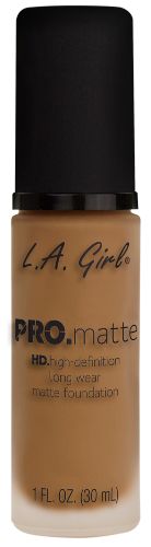 LA Girl Pro Matte Foundation in Caramel offers a creamy texture and soft suede finish for a flawless, shine-free complexion.