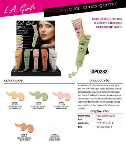 Color correcting primer display by LA Girl with 30 pieces in five vibrant shades for flawless makeup application.