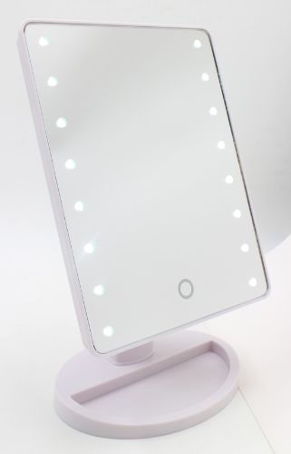 LED makeup mirror on stand with touch screen, available in black or white, providing perfect lighting for flawless application.