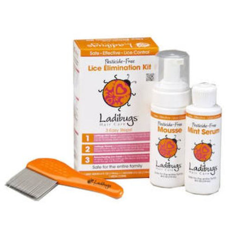 Ladibugs Lice Elimination Kit: a natural, pesticide-free solution with serum, mousse, and stainless steel comb for safe lice removal.