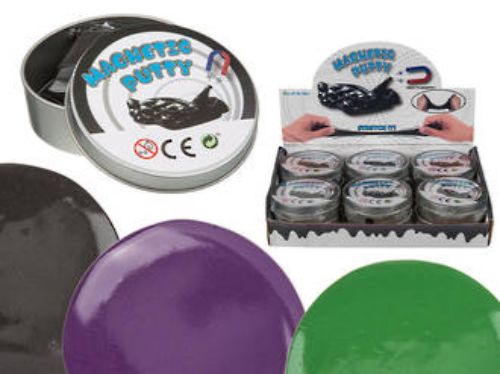 Magnetic putty tin display featuring 12 vibrant colors, ideal for sensory play, party favors, and creative fun for all ages.