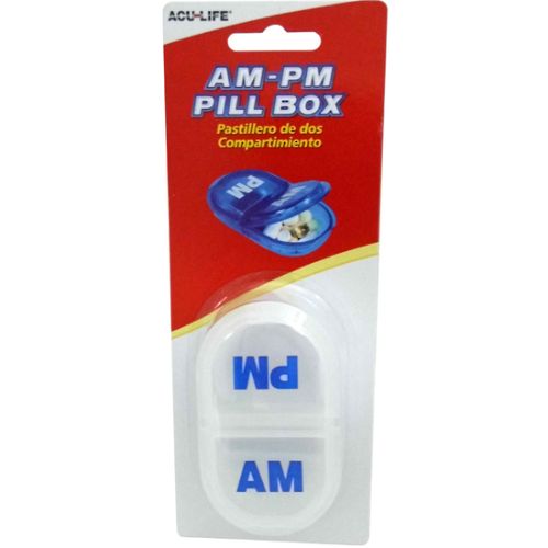 Acu-Life AM-PM Pill Box featuring two compartments for easy separation of morning and evening medications.