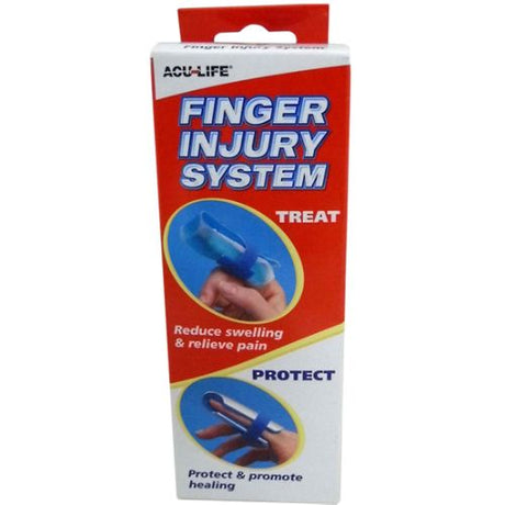 Acu-Life Finger Injury System for treating sprains and strains, featuring heat and compression for pain relief and protection.