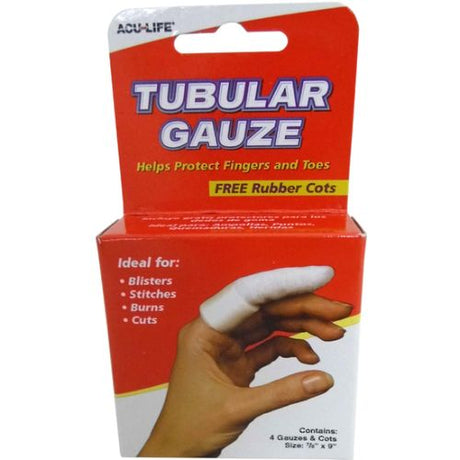 Acu-Life tubular gauze finger cots pack for protecting injured fingers and toes, includes 4 gauze and 4 free cots.