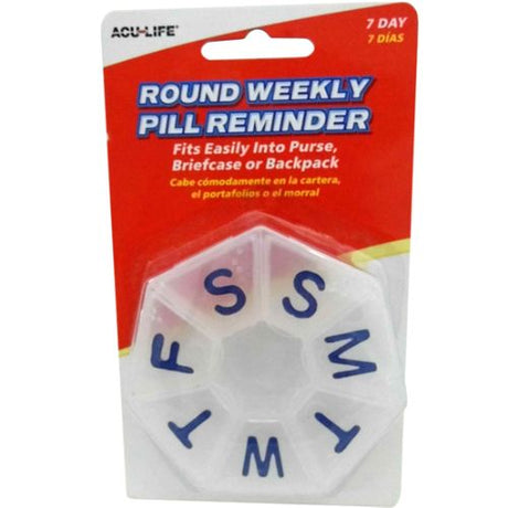 Acu-Life Round Weekly Pill Box with seven compartments for daily medication organization, ideal for home or travel use.