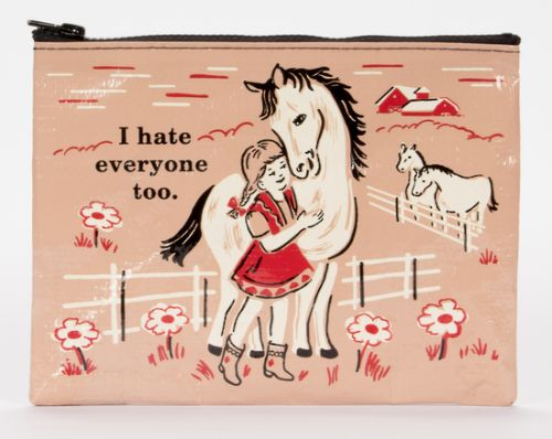 Humorous 'I Hate Everyone Too' zipper pouch made from recycled materials, perfect for organizing essentials with style.