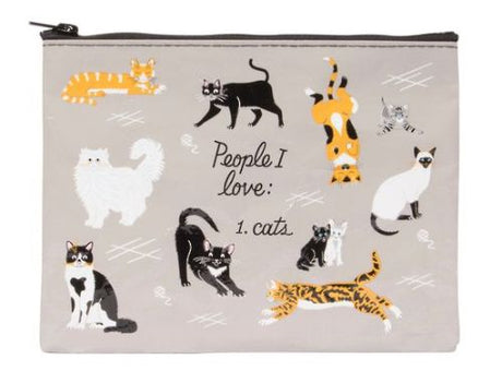 Zipper pouch featuring "People I Love: Cats", made from recycled materials, perfect for storing essentials for cat lovers.