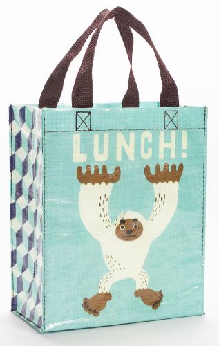 Vibrant eco-friendly tote for lunch, made from 95% recycled material, featuring sturdy handles and unique Takao Nakagawa art.