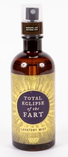 Lavatory Mist bottle labeled "Eclipse Of The Fart," featuring a lilac and amber scent for odor elimination.