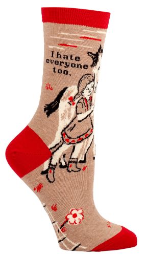 Humorous 'I Hate Everyone Too' socks for women, combining comfort and style in a bold statement design.