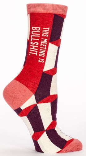 Colorful socks with the phrase "This Meeting Is Bullshit," perfect for expressing humor during boring meetings.