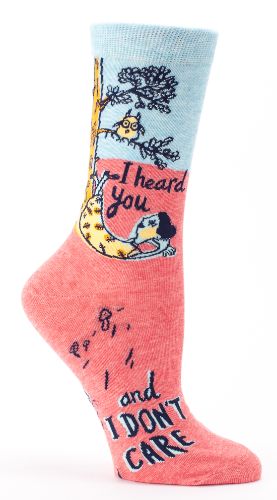 Playful 'I Heard You & I Don't Care' socks for women, featuring breathable, comfortable fabric with a quirky, bold message.