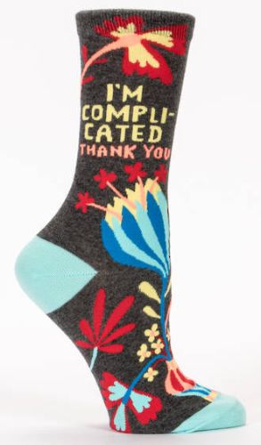 Blue Q women's socks featuring the phrase "I'm Complicated. Thank You." in vibrant colors, size 5-10.