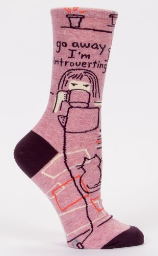 Cozy women's socks with "Go Away, Introverting" message, perfect for expressing introversion and comfort.