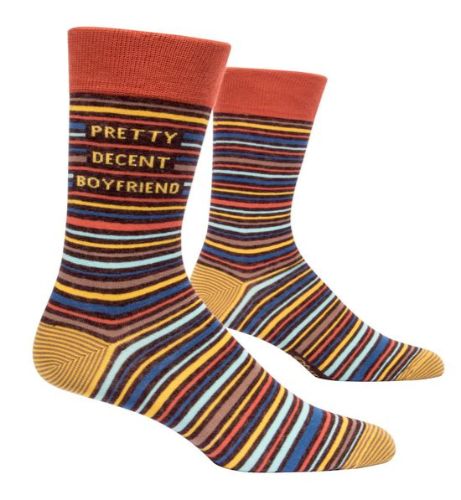 Humorous men's socks featuring "Pretty Decent Boyfriend" message, blending comfort and style for casual wear.