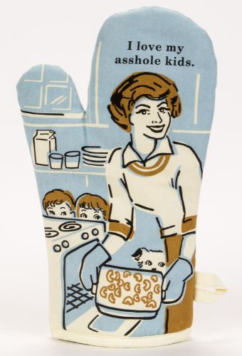 Humorous oven mitt with "Love My Asshole Kids" design, crafted from 100% cotton for heat protection in the kitchen.