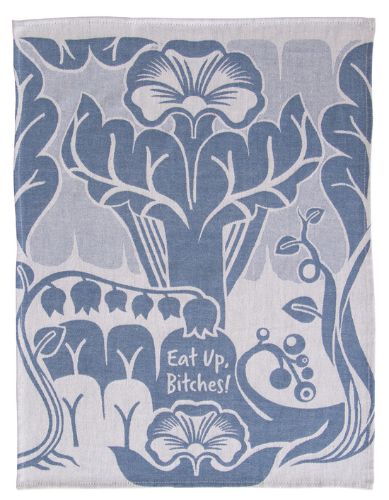 Vibrant 'Eat Up Bitches' dish towels in cotton with jacquard design, measuring 28"x21", perfect for drying dishes and adding humor.