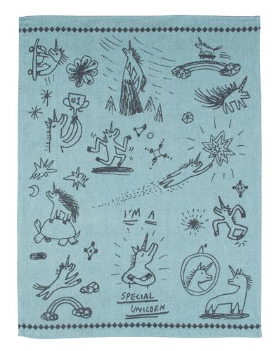 Super-absorbent dish towels made of 100% unbleached cotton featuring a whimsical unicorn design.