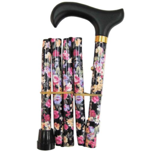 Adjustable folding walking stick with a vibrant spring floral design, offering stylish support for mobility.