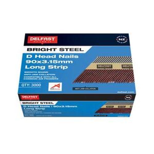 Gasless D-Head Nails - Delfast 90mm Bright Long strip 3000 Box FN-JDN90BL