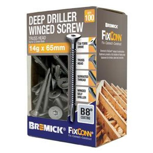 FixConn 14g x 65mm Winged Deep Truss Head Self Drilling Metal Screw B8 Coated