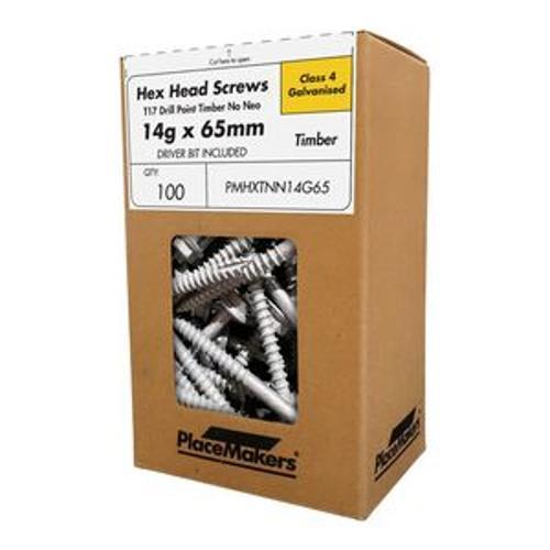 Hex Head T17 Screw Galv CL4 No Neo Washer - PlaceMakers 14g 65mm 100 Pack