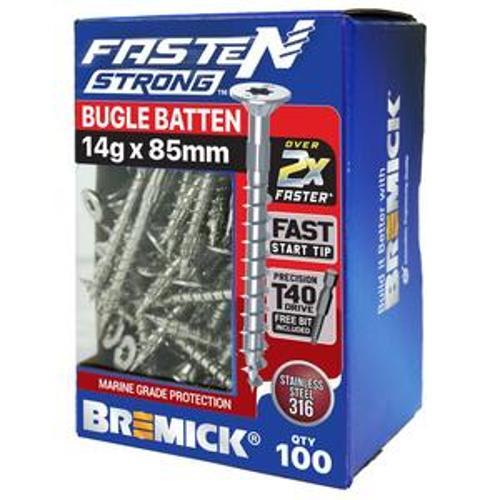 Fasten Strong Bugle Batten Screw Stainless Steel 316 T40 14g 85mm 100 Box