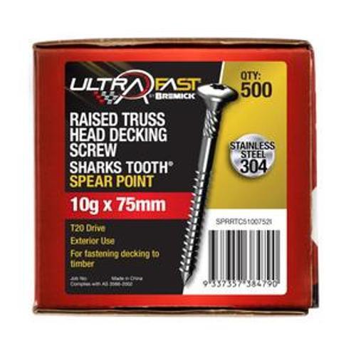 UltraFast Decking Screw T304 Spear Point Raised Truss Head 10G 75mm T20 500 Pack