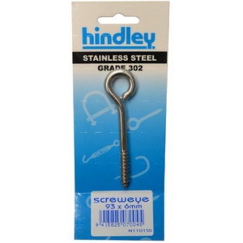 Screw Eye 93 x 6mm Stainless Steel Carded 1101SS - Hindley