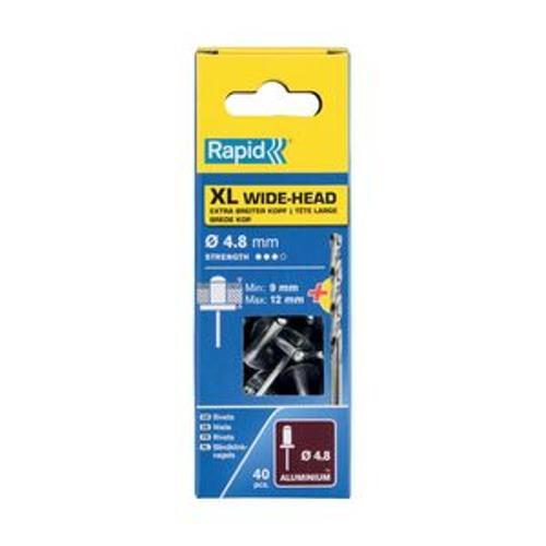 Rivets 4.8 16mm Aluminium XL Wide Head and Drill 40 Pack - RAPID