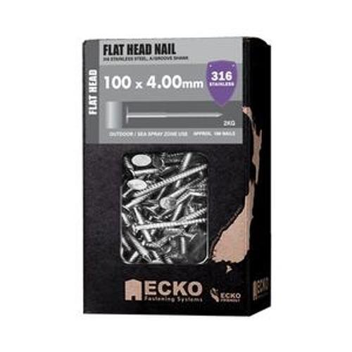 Nail Stainless Steel T316 Flat Head Annular Grooved 100 x - Ecko 4.00mm 2kg