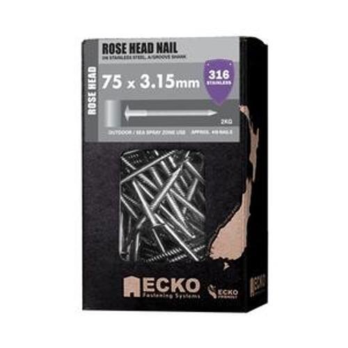 Nail Stainless Steel T316 Rose Head Annular Grooved 75 x - Ecko 3.15mm 2Kg
