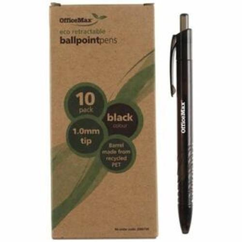 Ballpoint Pen Eco Recycled Retractable 1.0mm Medium Tip Black 10 Pack