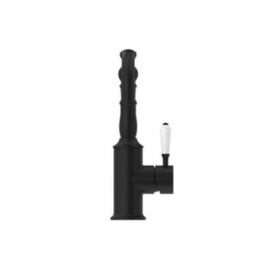 York Basin Mixer Hook Spout Matte Black With White Porcelain Lever - Nero