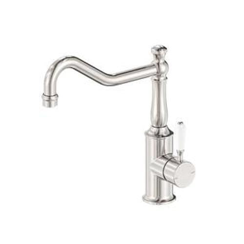 York Kitchen Mixer Hook Spout Brushed Nickel With White Porcelain Lever - Nero
