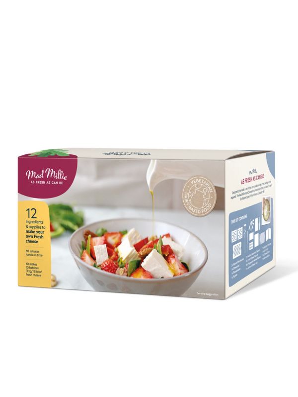 Mad Millie Fresh Cheese Kit for making homemade cheeses like Halloumi, Feta, and Cream Cheese; includes BPA-free molds.