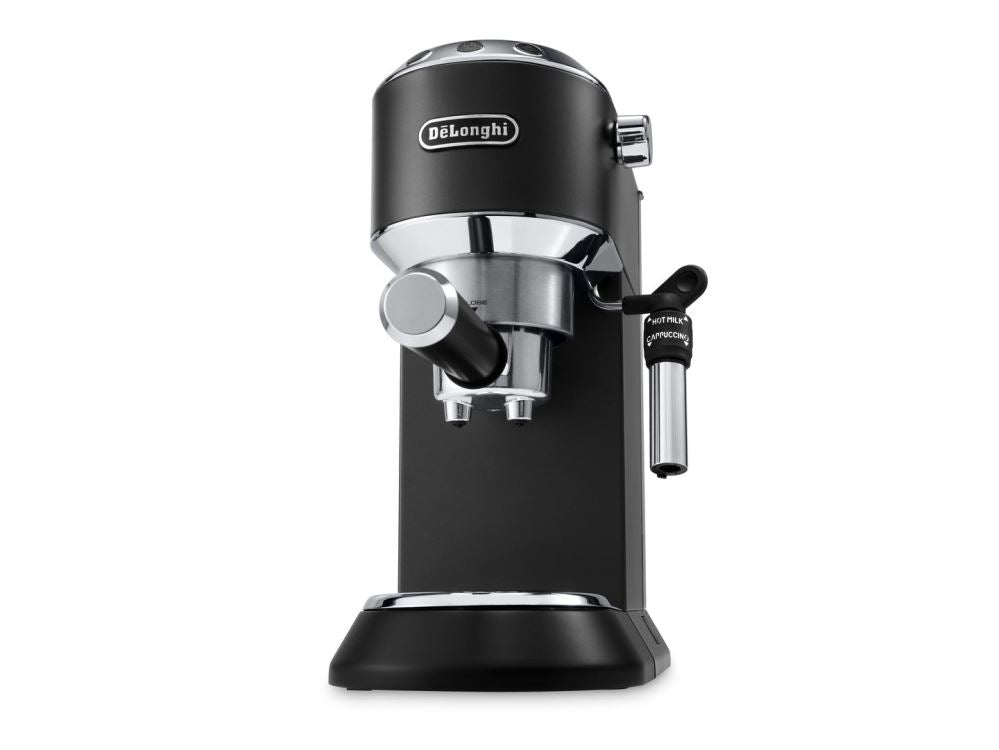 Delonghi MATTE Dedica in black, a sleek espresso machine with customizable settings and adjustable cappuccino system.