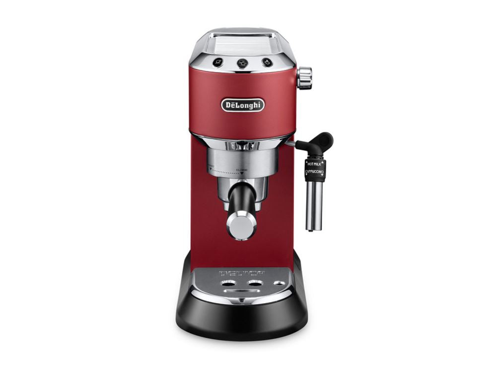 Delonghi MATTE Dedica Compact in red, featuring adjustable cappuccino system and slim design for versatile coffee preparation.