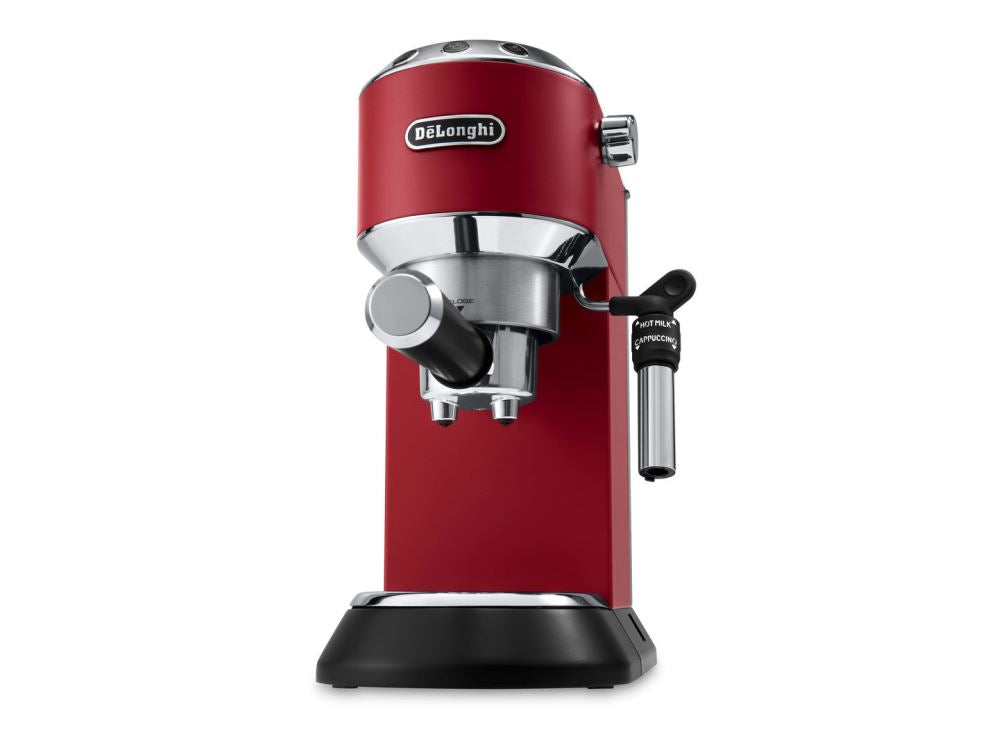 Delonghi Dedica Compact in Red, featuring adjustable cappuccino system and double drip tray for versatile coffee brewing.