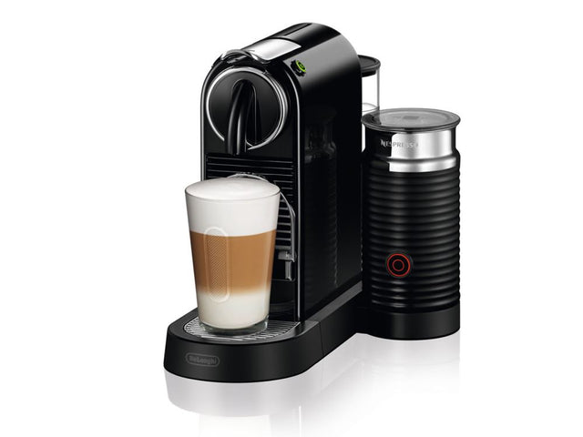 Nespresso Citz & Milk in black with a sliding cup support, integrated frother, and 25-second heat-up time.