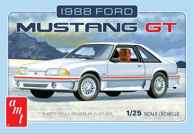 Detailed 1/25 scale plastic model kit of the '88 Mustang from AMT, perfect for car enthusiasts and hobbyists to assemble.
