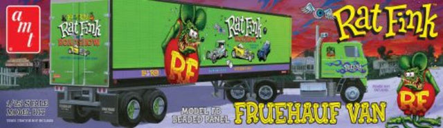 Detailed 1/25 scale Fruehauf Van Trailer model kit featuring Rat Fink design, with 140+ parts and vibrant decals.