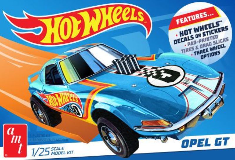 1/25 scale Hot Wheels Buick Opel GT model kit by AMT, featuring customizable engines and parts for creative assembly.