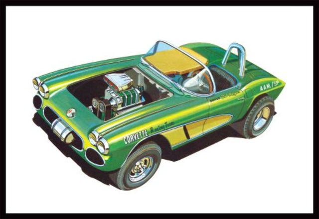 Detailed 1/25 scale model kit of a '62 Chevy Corvette with customizing options, premium parts, and vibrant decals.