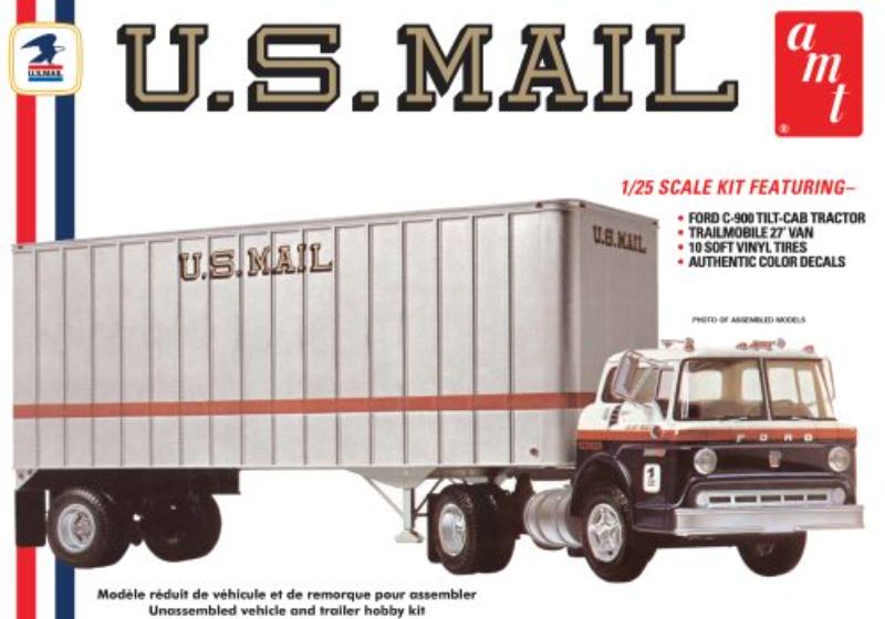 Detailed 1/25 scale model kit of a Ford C600 USPS truck and trailer, featuring over 350 parts and customizable decals.
