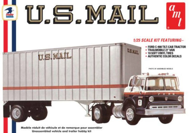 Detailed 1/25 scale model kit of a Ford C600 USPS truck and trailer, featuring over 350 parts and customizable decals.