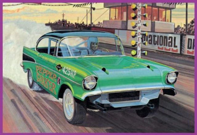 1/25 scale model kit of a '57 Chevy Bel Air with customizing options, including detailed parts and vintage packaging.