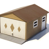 Detailed 1/64 scale plastic model garage kit with snap assembly, featuring wood grain textures and compatible with miniature cars.